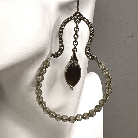 Beaded Dangle Drop Earrings Silver Tone Black Facet Stone Clear Rhinestone Beads - Picture 2 of 5